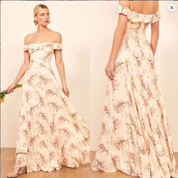Reformation Verbena Maxi Dress 2 Leila Floral Ruffle Neckline Ivory Pink Cottage - Picture 2 of 15